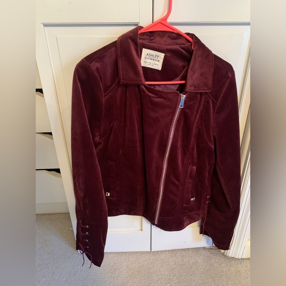 Burgundy Velvet lace up/zip up jacket size L
